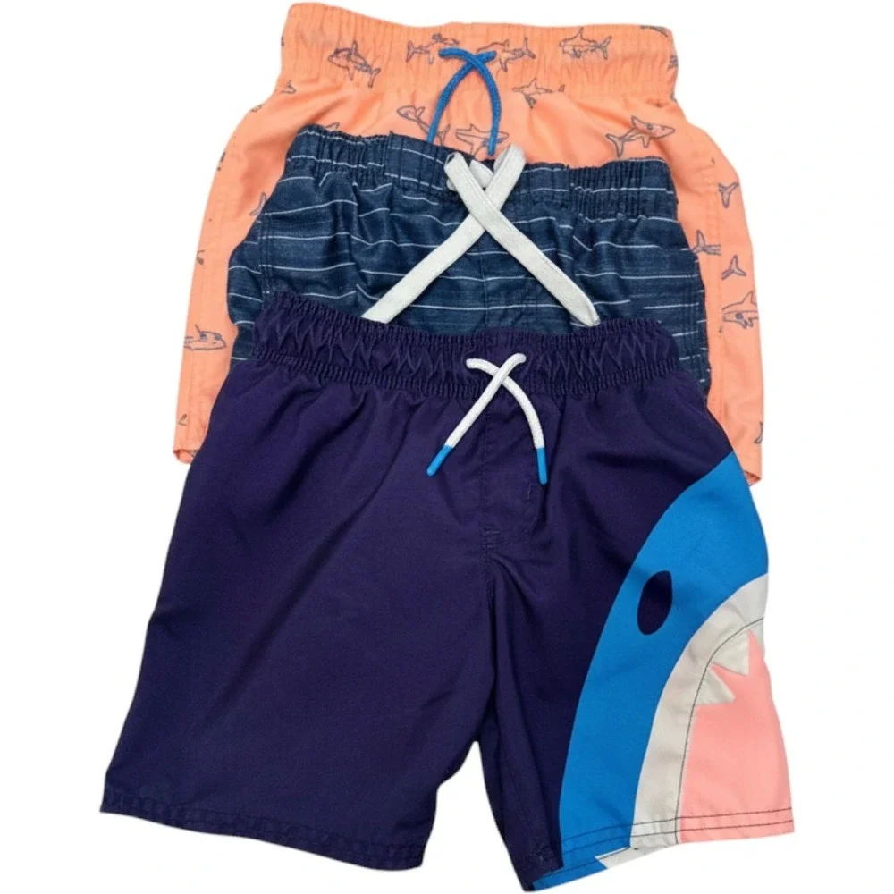 Boys Swim Trunks Bundle 3T & 5T Orange Navy Shark Striped Good
